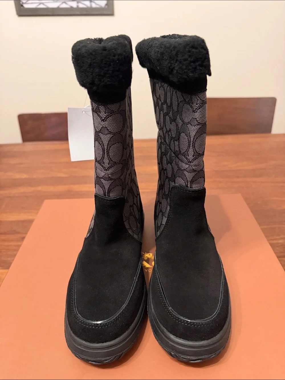 Coach Sherman Black Suede Signature Shearling Boots Size 8 M New With Box